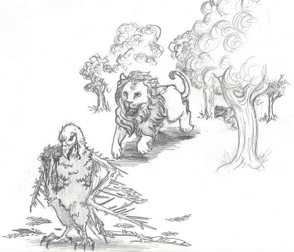Illustration of a lion attacking Ezra's eagle